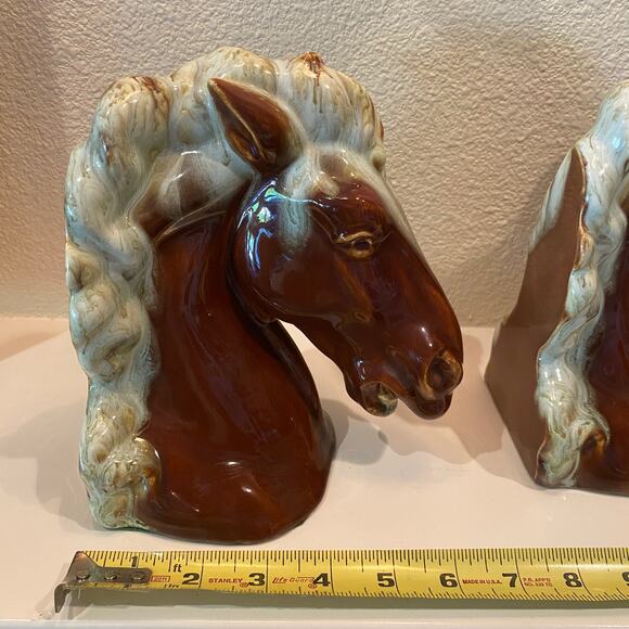 Vintage Ceramic Horse Head Bookends Brown & Cream Glaze Mid-Century Pair - Picture 3 of 13